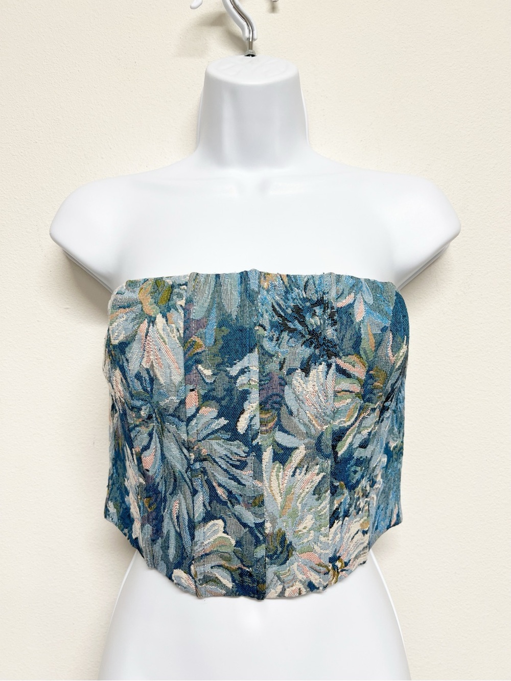 Sofie the Label Womens Blue Floral Jacquard Tapestry Strapless Bustier Top Small